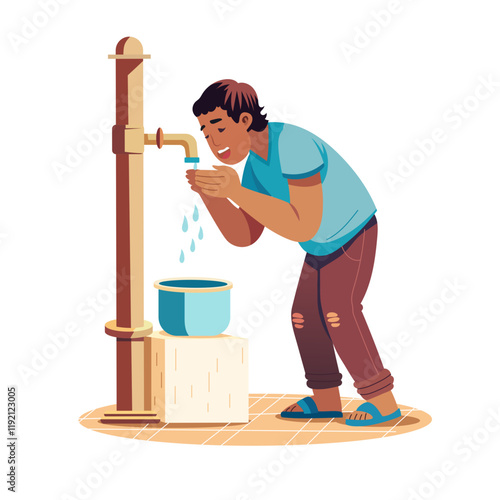 A flat illustration of character drinking water with hands 

