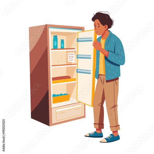 A flat illustration of a character looking in an empty refrigerator 

