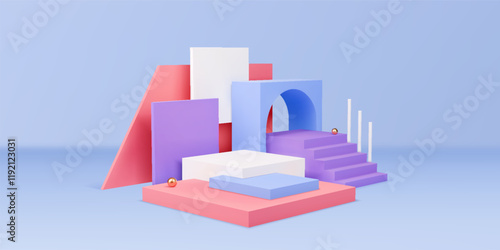3D podium. Minimal pedestal. Stand scene with Memphis line shapes. Abstract geometric playground. Game room interior. Exhibition presentation platform. Arch and ladder. Vector background