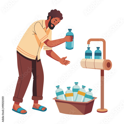A flat illustration of poor character filling bottles with tap water 

