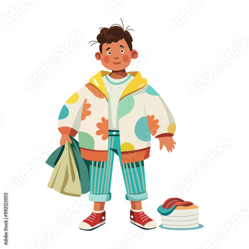 A child wearing donate clothes illustration in flat style 
