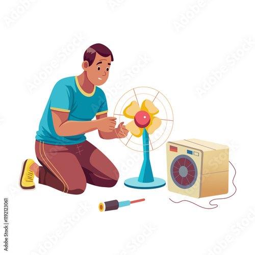 A flat illustration of a character fixing appliances 
