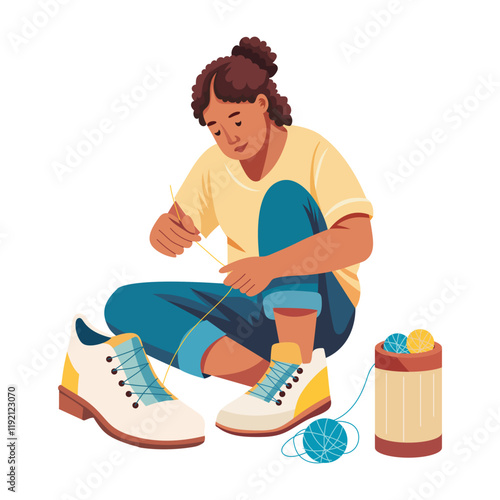 Mending shoes illustration of a character in flat style 


