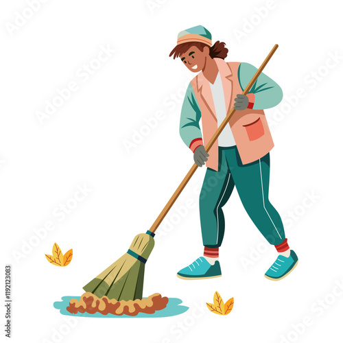 A flat illustration of character doing street sweeping with broom

