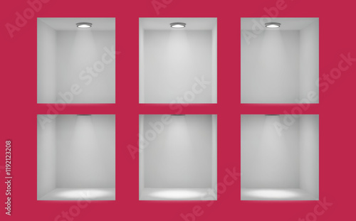 3d shelf. Empty space for exhibit. Store wall. White background inside bookshelf. Plastic blank shop interior. Cube shape stands. Shelving spotlight. Showcase niche frames vector set