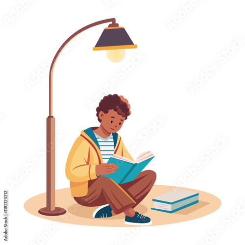 A flat illustration of a character doing street reading under lamp 

