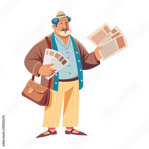 A poor character selling newspaper illustration in flat style 

