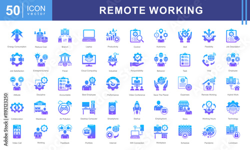 Remote Working icon collection set. Containing employment, workplace, workhouse, digital nomad, mobile work, internet, cloud computing icon.