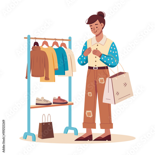 A flat illustration of woman doing shopping from flea market 

