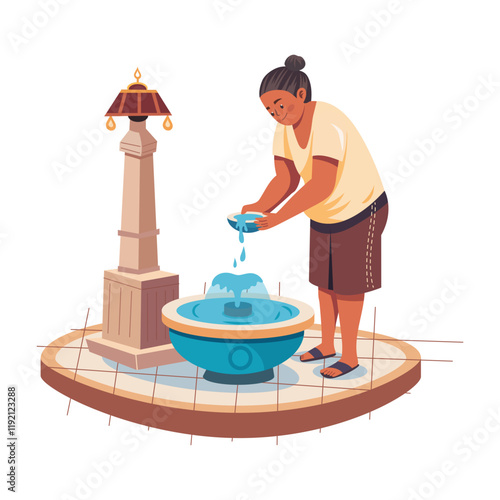 A flat illustration of poor lady taking water from public fountain 


