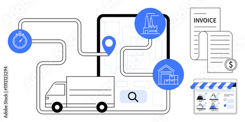 Delivery truck on a mapped route with location pin, stopwatch, factory, home icons, invoice, and e-commerce shop elements. Ideal for logistics, e-commerce, delivery supply chain route planning