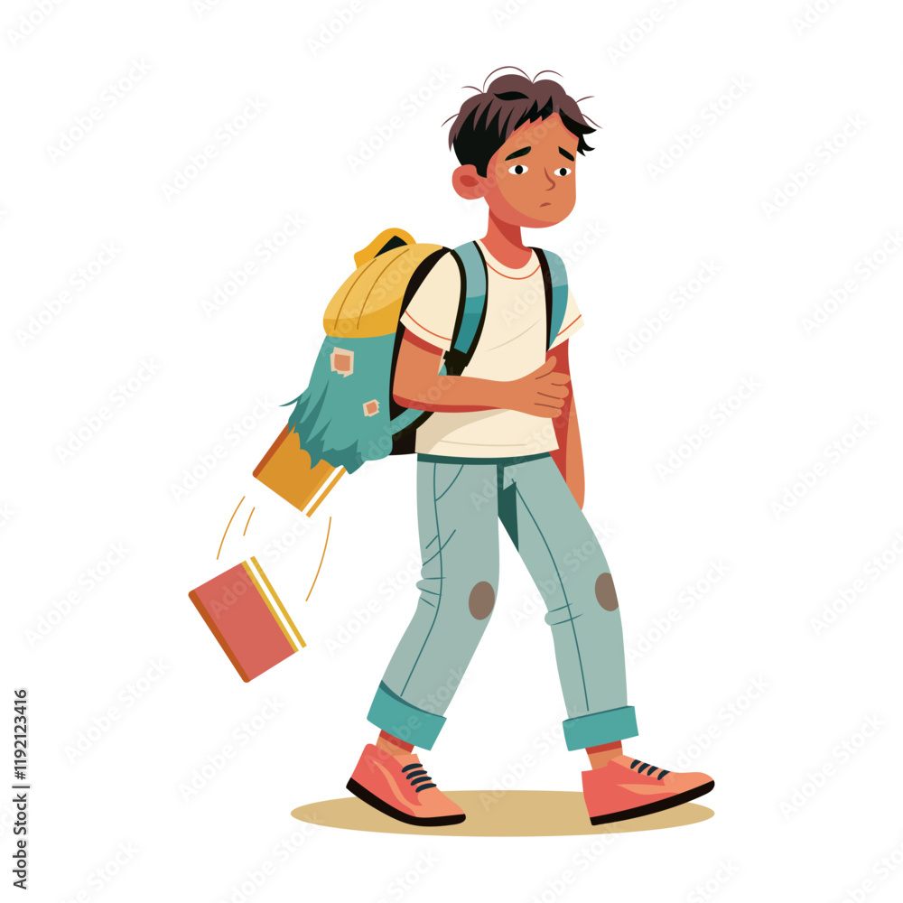 Books falling from worn bag of poor child, flat illustration
Books falling from worn bag of poor child, flat illustration