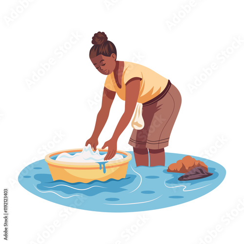A poor lady washing clothes in river, flat illustration 

