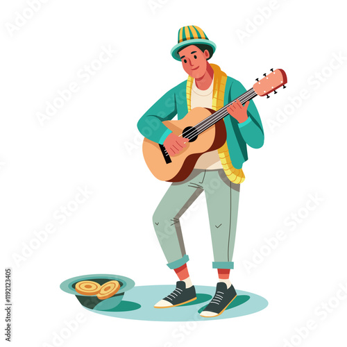 Street performer playing guitar illustration in flat style 

