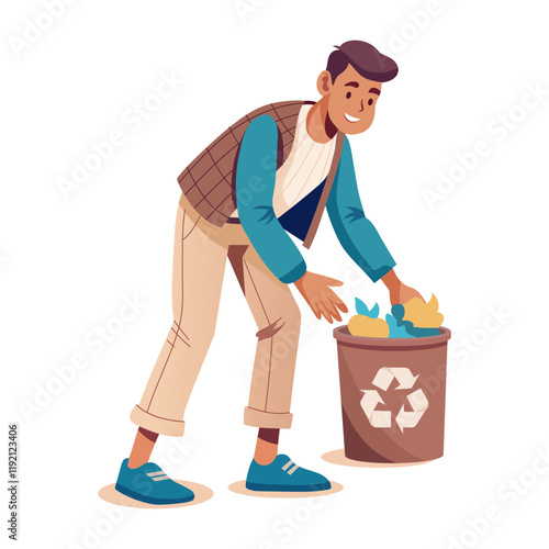 A character picking trash illustration in flat style 

