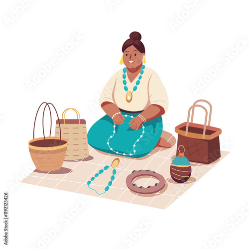 A flat illustration of woman selling jewellery 

