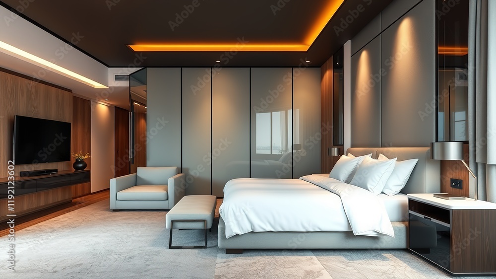 Luxurious Hotel Bedroom with Glass Partition - AI Photorealistic Render Luxurious Hotel Bedroom with Glass Partition - AI Photorealistic Render