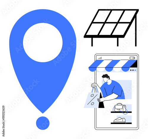 Giant blue location marker, solar panel, person holding shopping bag emerging from mobile device. Ideal for online shopping, delivery services, location tracking, renewable energy, sustainability
