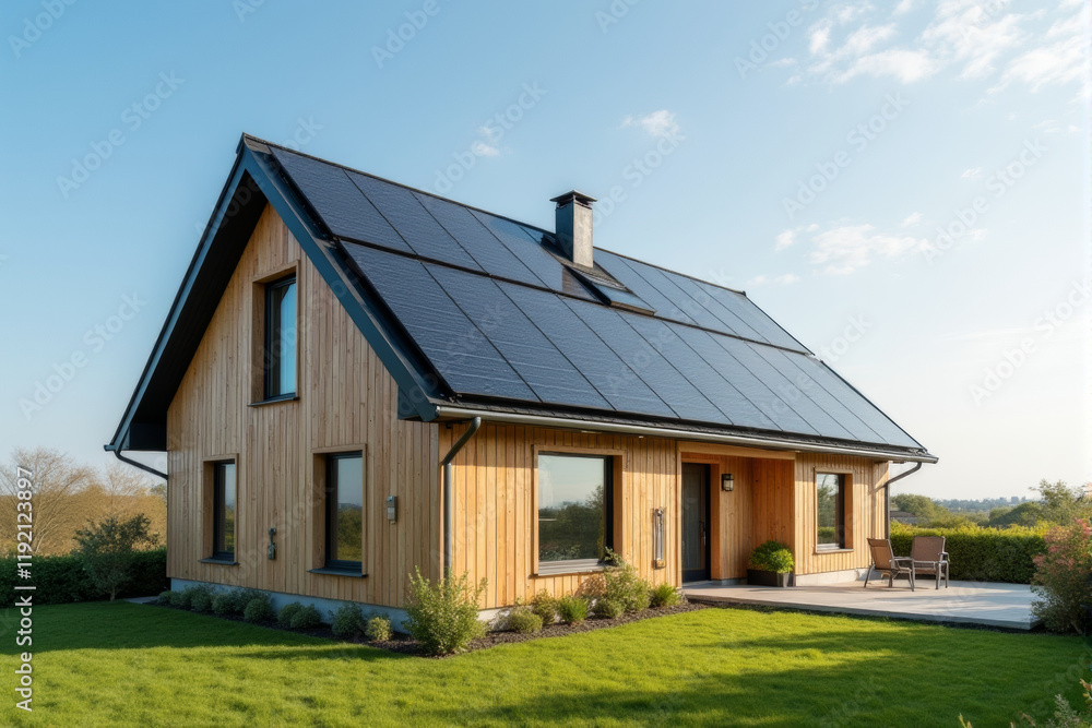 A photo of a newly constructed eco-friendly house with solar panels and energy-efficient windows. A photo of a newly constructed eco-friendly house with solar panels and energy-efficient windows.