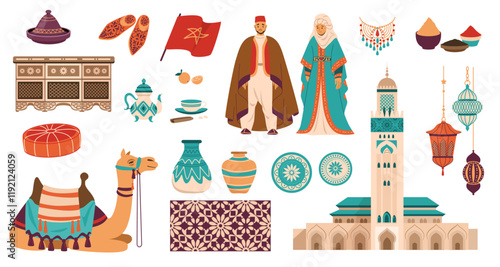 Morocco culture. Travel landmark. Ancient building. Camel and carpet on Moroccan bazaar. Food and rug in Marrakesh tradition. Muslim mosque. East souvenir. Vector traditional elements set