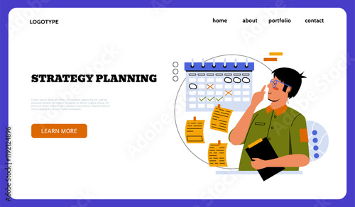 Strategy planning business concept. Web banner design, landing page template. Time management, employee schedule making, people goals planning. Vector cartoon flat isolated illustration