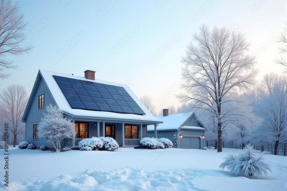 A suburban house with solar panels covered in a light layer of snow, set against a crisp winter sky. . A suburban house with solar panels covered in a light layer of snow, set against a crisp winter sky. .