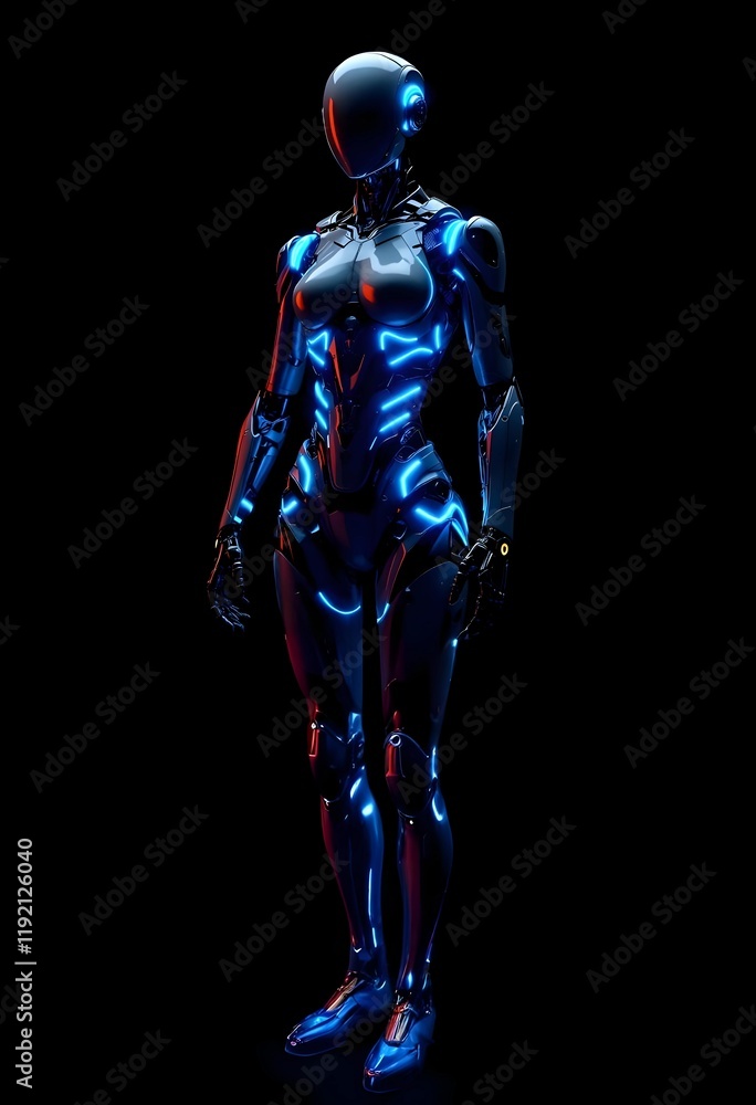 Cybernetic Female Robot: Sleek, Dark, and Blue-Lit Cybernetic Female Robot: Sleek, Dark, and Blue-Lit