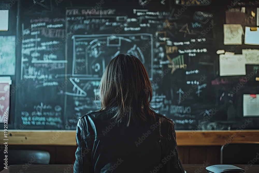 A wide shot of a classroom with the girl in focus, looking at a blackboard filled with diagrams and arrows. A wide shot of a classroom with the girl in focus, looking at a blackboard filled with diagrams and arrows.