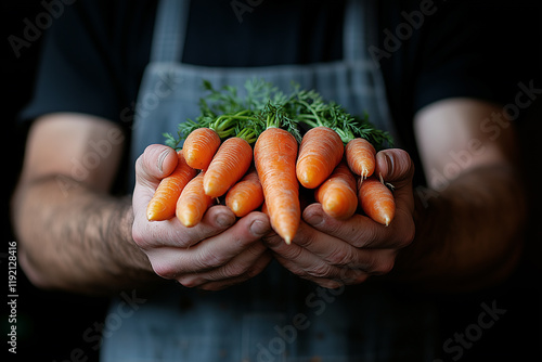 Hands Holding Freshly Harvested Carrots With Green Stalks in Natural Light. Sustainable farming photo