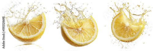 A vibrant lemon slice splashes into water, showcasing bright yellow color and juicy texture with dynamic motion.