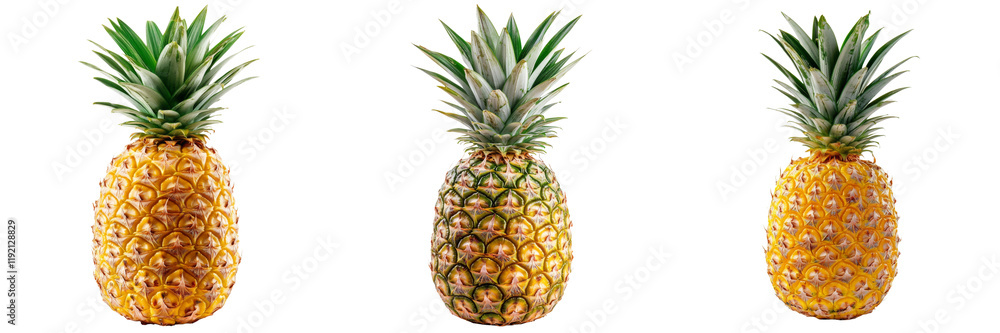 Three ripe pineapples showcasing their textured skin and vibrant green tops. Three ripe pineapples showcasing their textured skin and vibrant green tops.