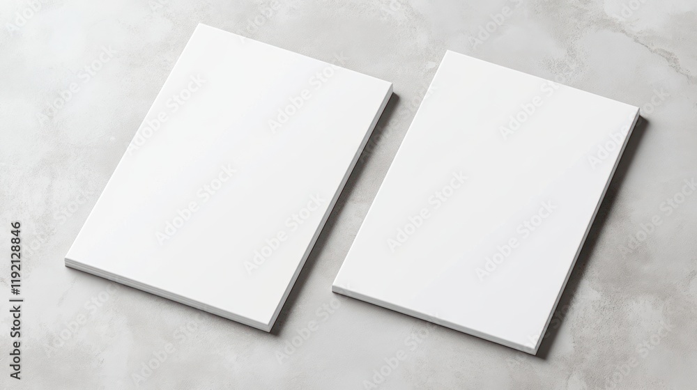 Empty White Rectangle Poster Mockups on Grey Concrete - Corporate Identity Blank Template Flat Lay Isometric View Empty White Rectangle Poster Mockups on Grey Concrete - Corporate Identity Blank Template Flat Lay Isometric View