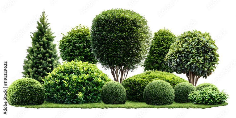 Set of lush topiary trees and vibrant green shrubs (boxwood, laurel, and cypress) in a compact garden arrangement. Isolated on a transparent background with a clipping path Set of lush topiary trees and vibrant green shrubs (boxwood, laurel, and cypress) in a compact garden arrangement. Isolated on a transparent background with a clipping path