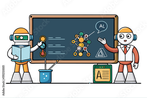 Educational scene with a robot teacher and human student in a tech focused learning environment, featuring charts, gears, and AI diagrams