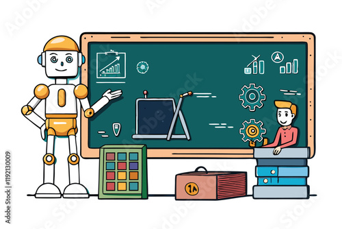 Illustration of a robot teacher in front of a chalkboard, teaching technology concepts and artificial intelligence in a futuristic classroom setting