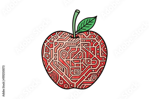 Creative apple artwork featuring complex maze like patterns and neural inspired design, blending nature and technology concepts