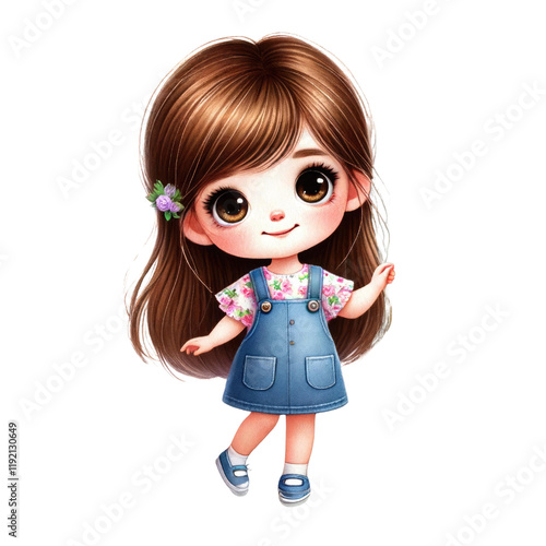 A cute cartoon girl with brown hair, wearing a denim overall and a floral shirt, with a friendly expression and a flower accessory in her hair.