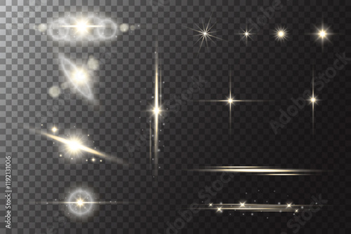 Star with light flare glow. Shiny sparkles with glitter and flashes. Vector golden glare on transparent background. Yellow magic twinkles with blurred silver lens flare and reflection