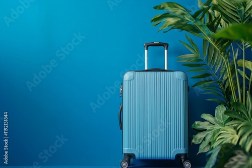 A suitcase, a travel-style suitcase with wheels. The background is a solid blue wall with plants next to it