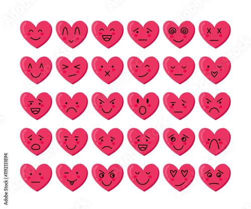 Heart Characters with Different Emotions Set. Emoji Heart Shape with Cut Face Collection.