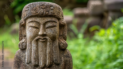 Serene Stone Guardian: A weathered stone statue, possibly depicting a deity or ancestor, gazes serenely amidst lush greenery, conveying a sense of peace and ancient wisdom. photo