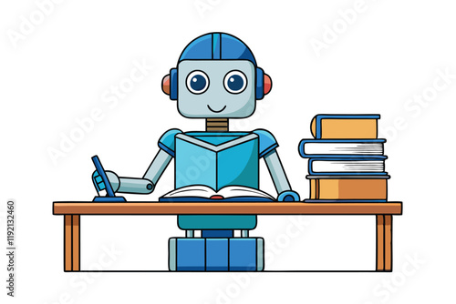 AI robot studying at a desk with books and school supplies, showcasing futuristic technology in educational and learning themes