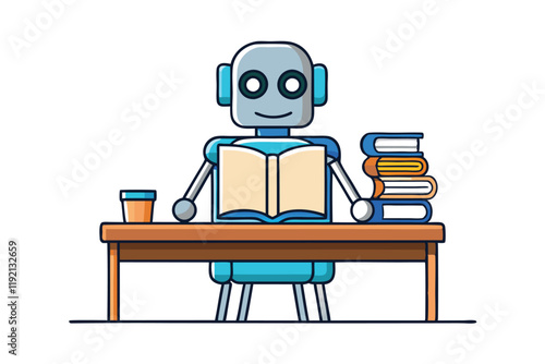 Cartoon robot learning at a desk, surrounded by colorful books, a pencil, and school items, ideal for education and technology themes