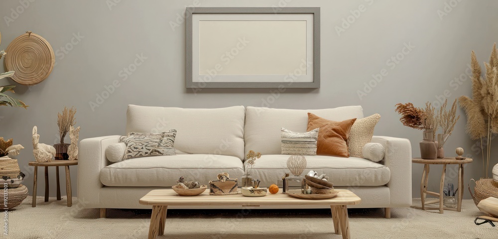 Slate gray-framed mockup in a serene living room with birch furniture and natural daylight. Slate gray-framed mockup in a serene living room with birch furniture and natural daylight.