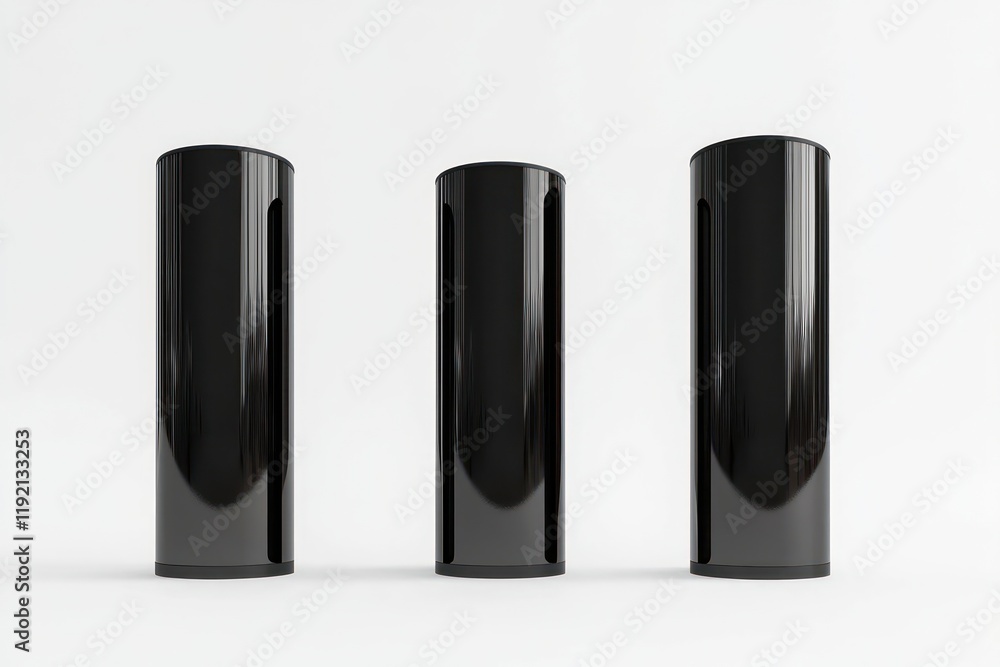Realistic render of a sleek black vertical cylinder display, shown from three angles. Realistic render of a sleek black vertical cylinder display, shown from three angles.