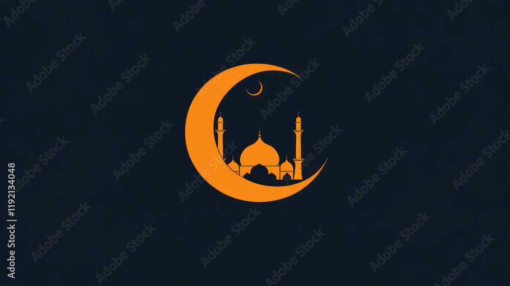 Crescent Moon and Mosque Silhouette in Flat Style Design Crescent Moon and Mosque Silhouette in Flat Style Design