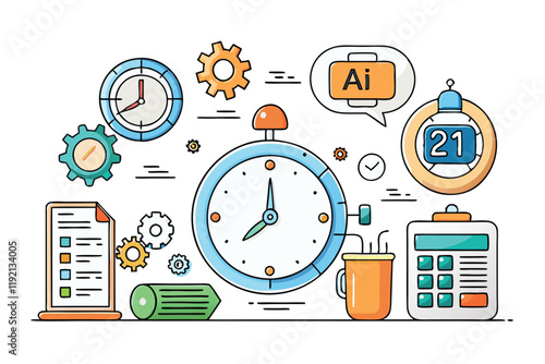 Creative concept of time management featuring clocks, calendars, and AI icons, ideal for business, organization, and planning themes photo