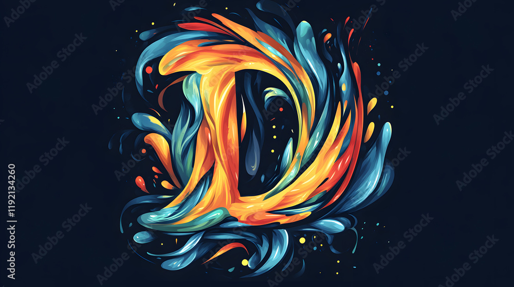 Obraz premium Colorful letter D created with vibrant overlapping abstract shapes, showcasing dynamic swirls and fluid motion, perfect for artistic designs and creative projects