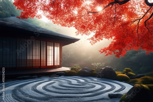 Tranquil zen garden japanese landscape nature photography autumn serenity peaceful retreat mindfulness concept photo