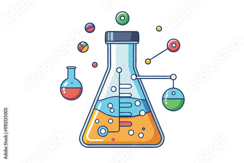 Colorful beaker with chemical reactions and molecular connections, showcasing creativity in science, chemistry, and innovation